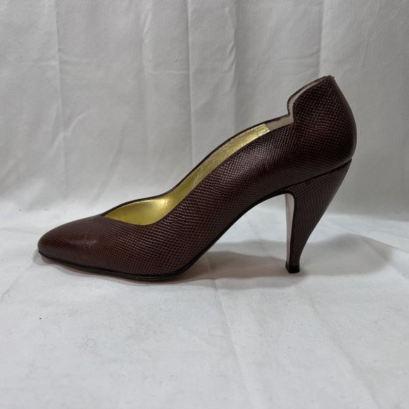 Vintage Walter Steiger Heels Pumps Sz 7.5 AA Brown Embossed Leather Handmade Ita - Picture 5 of 14